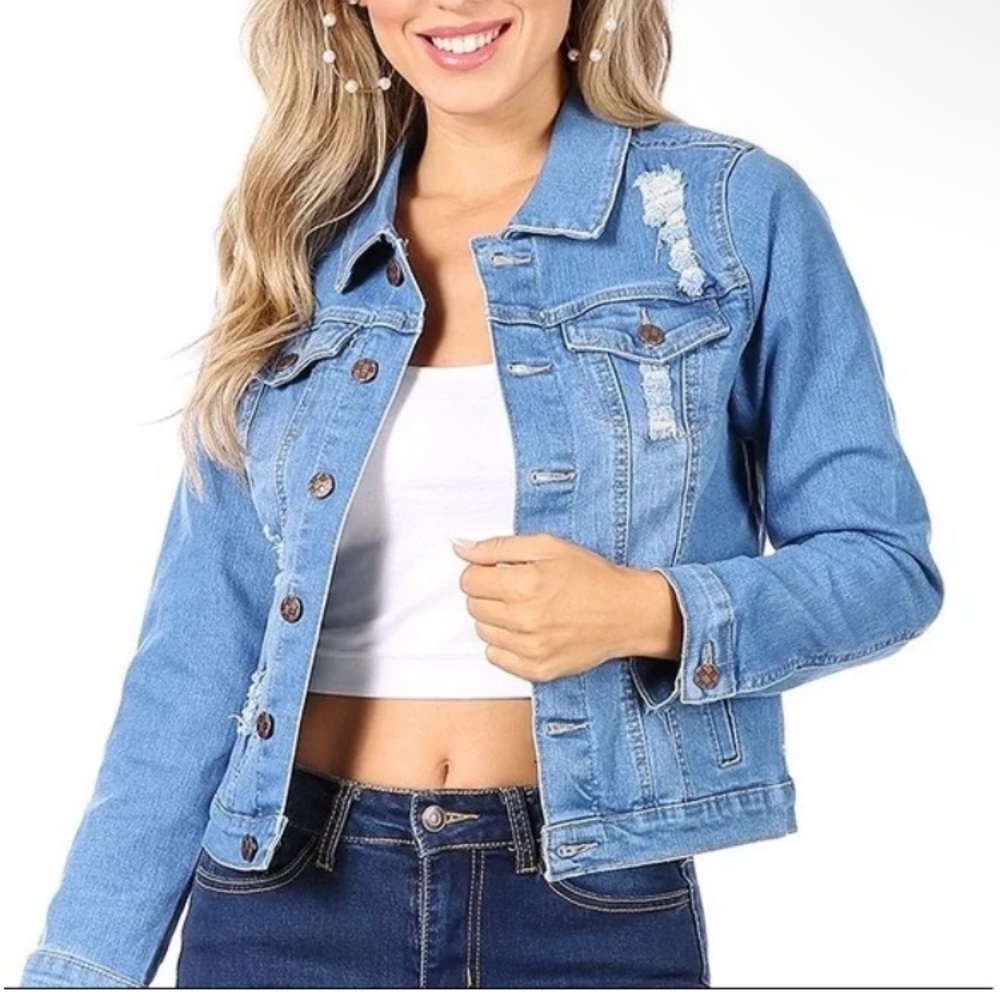 New T&Y Fashion Classic Button Up Distressed Denim Jacket in Light Denim SZ 2X
